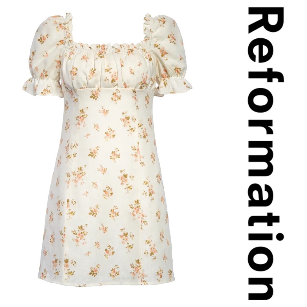 Reformation Cream Floral Puff-Sleeve Mini Dress
